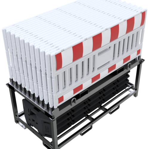 Aanbieding: Complete transport- en opslagpallet met 20 Euro 3 veiligheidshekken en rode reflecterende folie, perfect voor werkzones en evenementen.